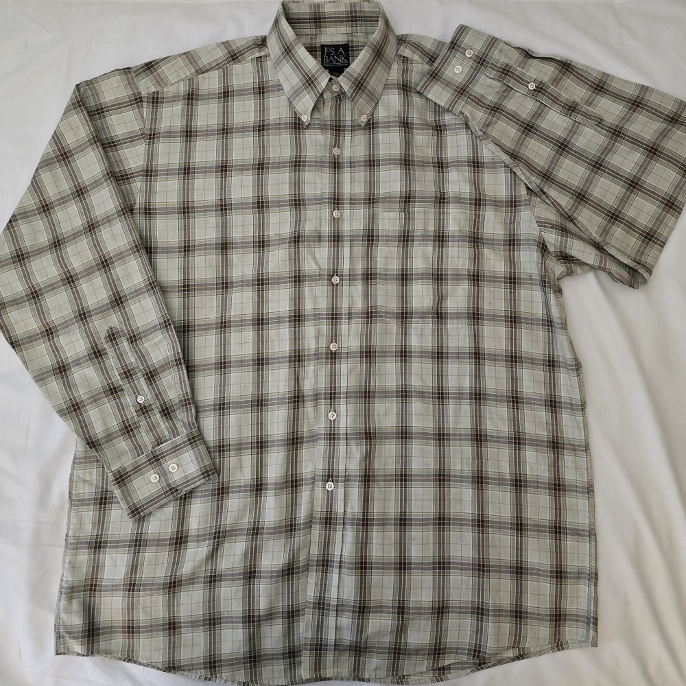 Mens Jos A Bank Traveler Collection Long Sleeve Plaid Button Up Shirt Large ECU